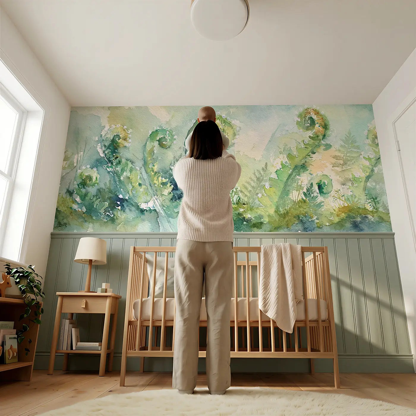 Child reading near Fern Unfurl Morning Dew Wainscoting Wallpaper by Whimsy Tots