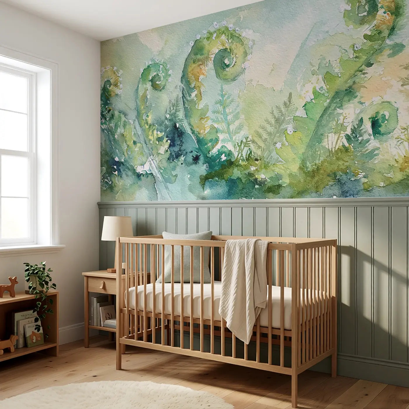 Fern Unfurl Morning Dew Wainscoting Wallpaper styled in a kids bedroom by Whimsy Tots