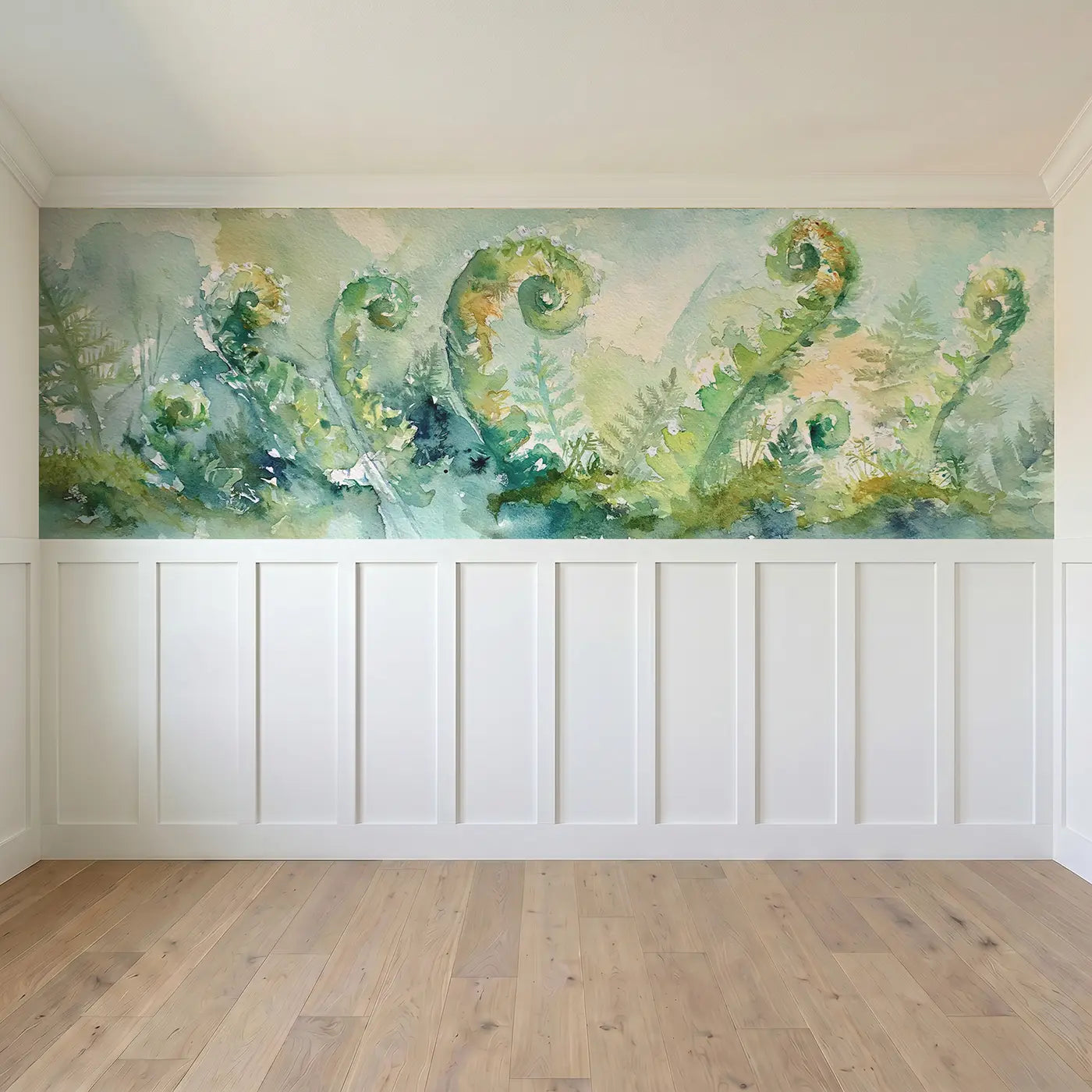Full panel view of Fern Unfurl Morning Dew Wainscoting Wallpaper by Whimsy Tots