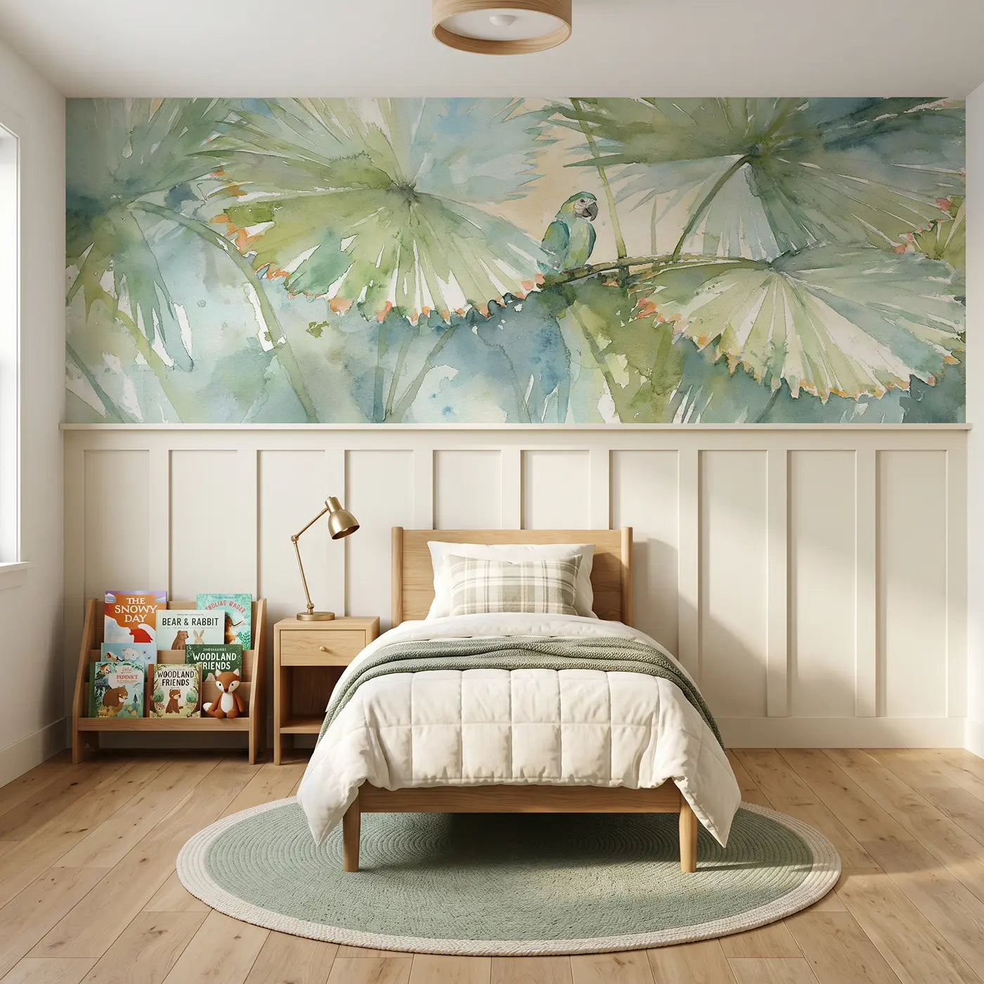 Watercolor palm leaf fan tropical wainscoting wallpaper for bedroom by Whimsy Tots