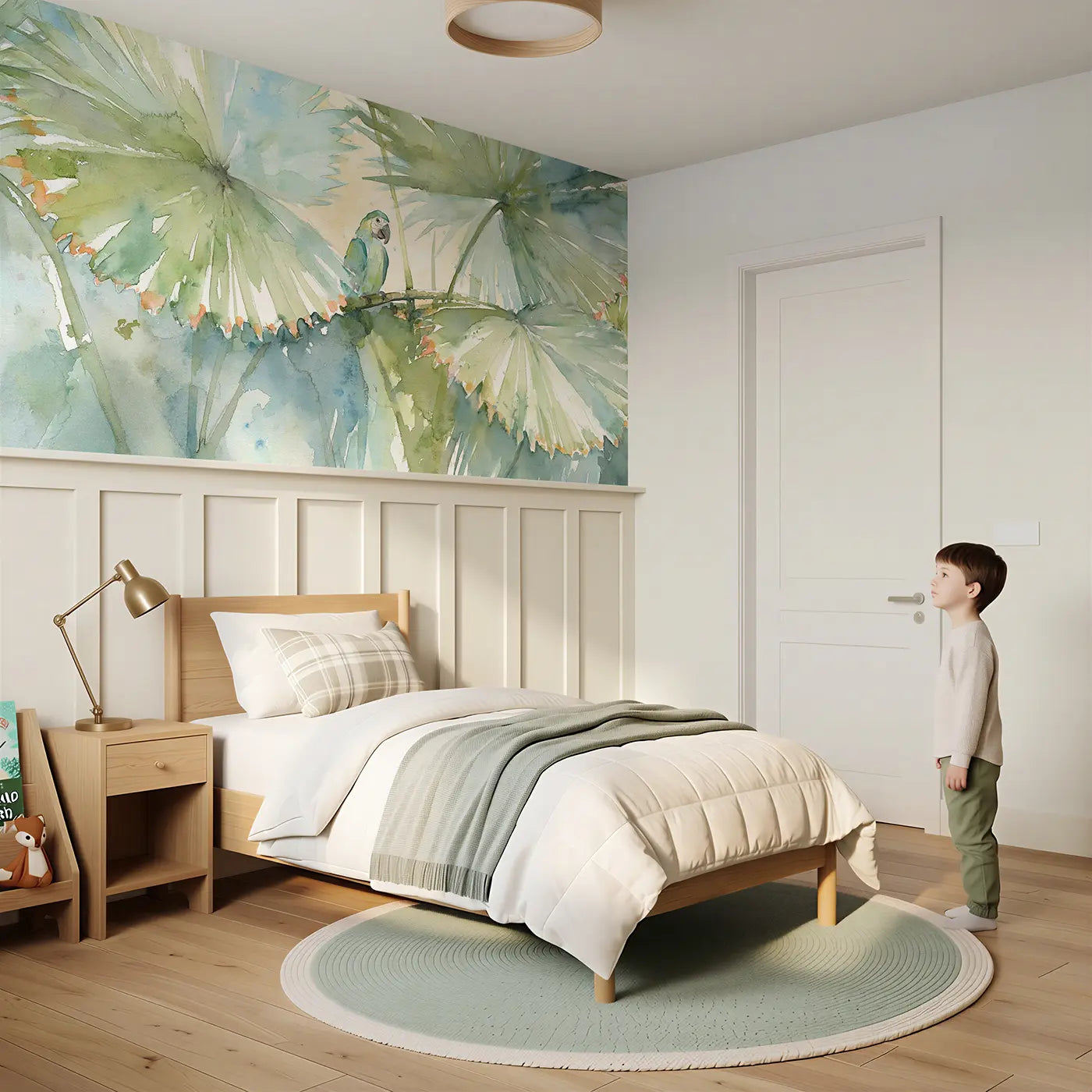 Child reading near Palm Leaf Fan Tropical Wainscoting Wallpaper by Whimsy Tots