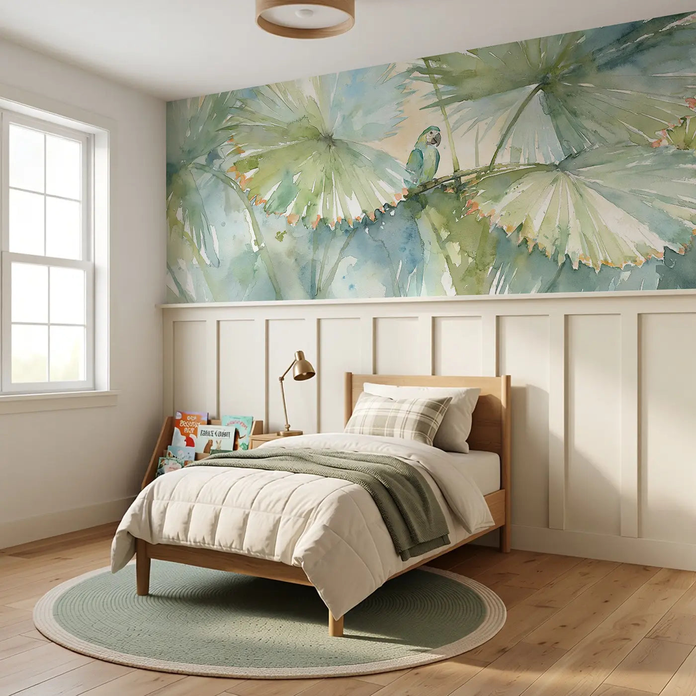 Palm Leaf Fan Tropical Wainscoting Wallpaper styled in a kids bedroom by Whimsy Tots