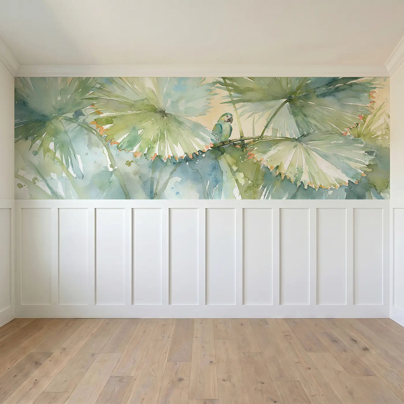 Full panel view of Palm Leaf Fan Tropical Wainscoting Wallpaper by Whimsy Tots