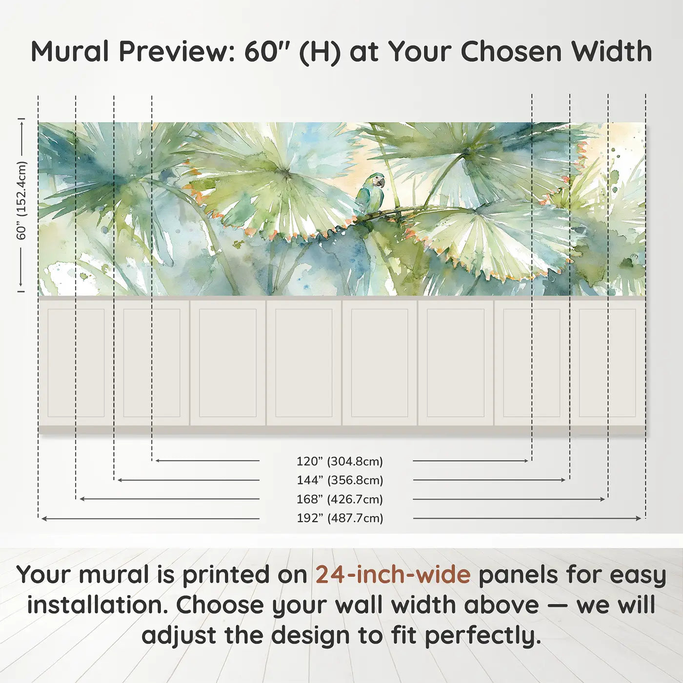 Panel dimensions for Palm Leaf Fan Tropical Wainscoting Wallpaper by Whimsy Tots