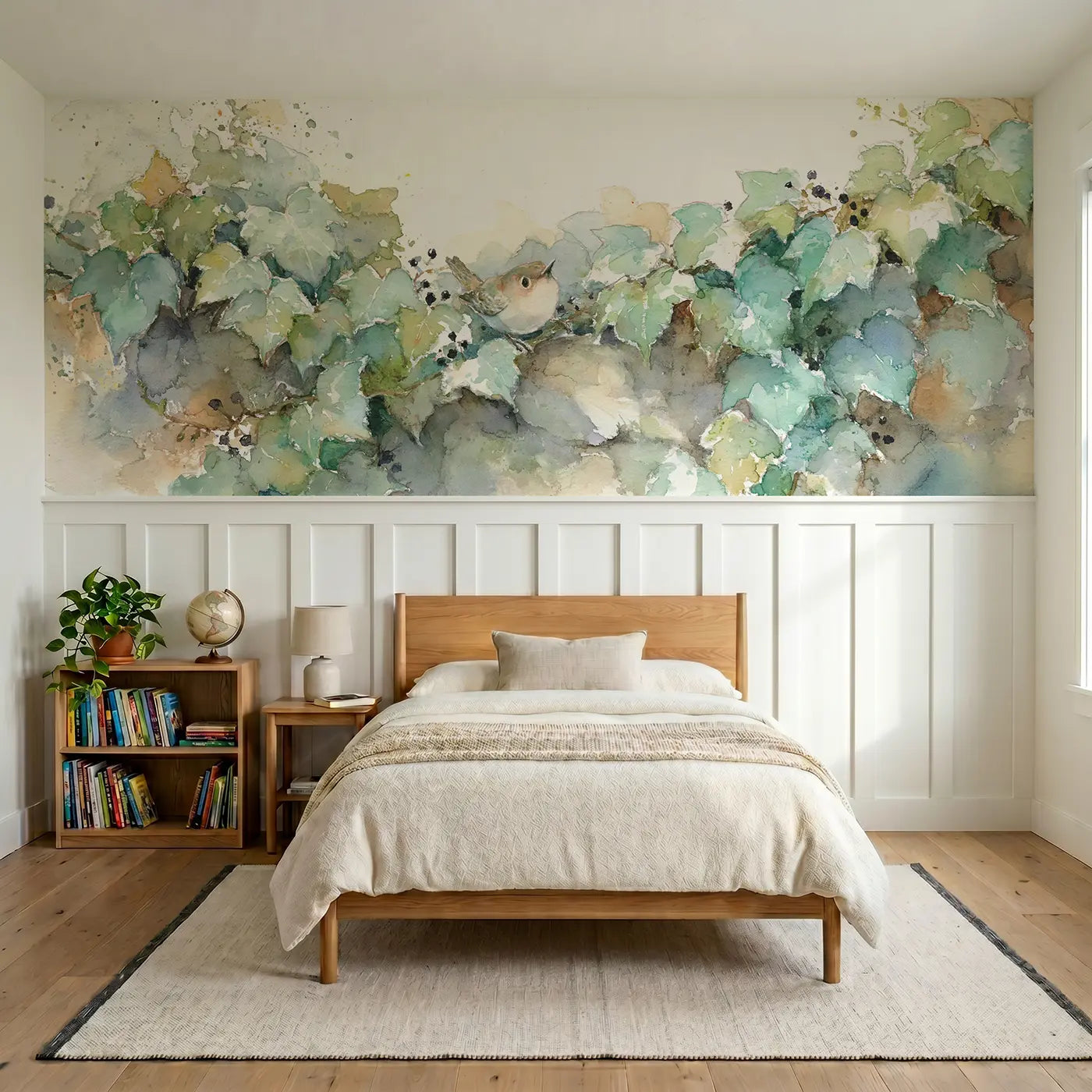 Watercolor ivy trail stone wall wainscoting wallpaper for bedroom by Whimsy Tots