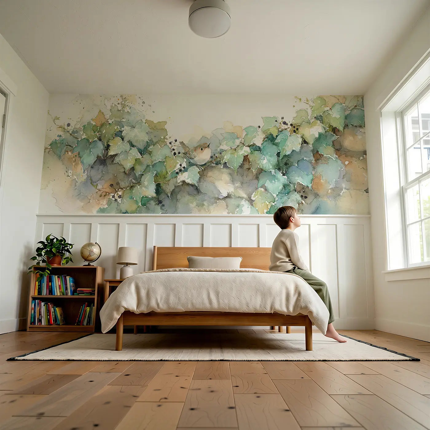 Child reading near Ivy Trail Stone Wall Wainscoting Wallpaper by Whimsy Tots