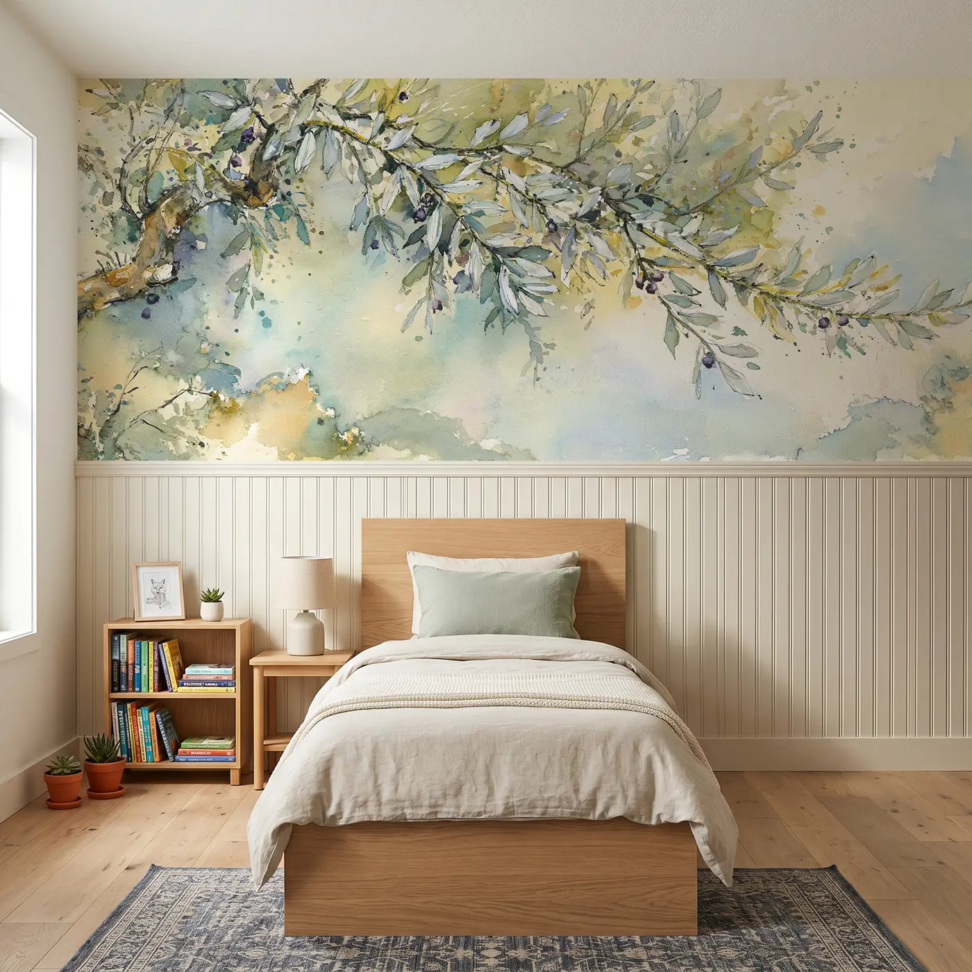 Watercolor olive branch mediterranean wainscoting wallpaper for bedroom by Whimsy Tots