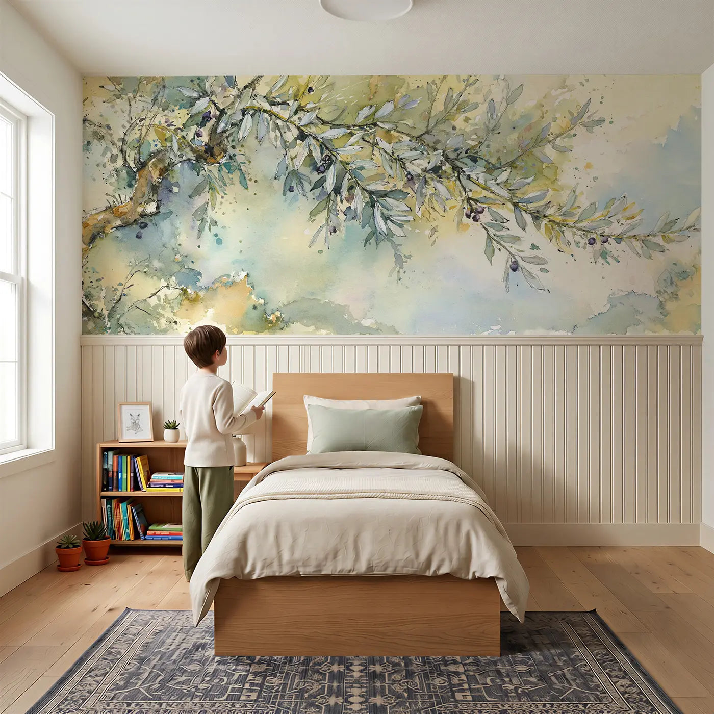 Child reading near Olive Branch Mediterranean Wainscoting Wallpaper by Whimsy Tots