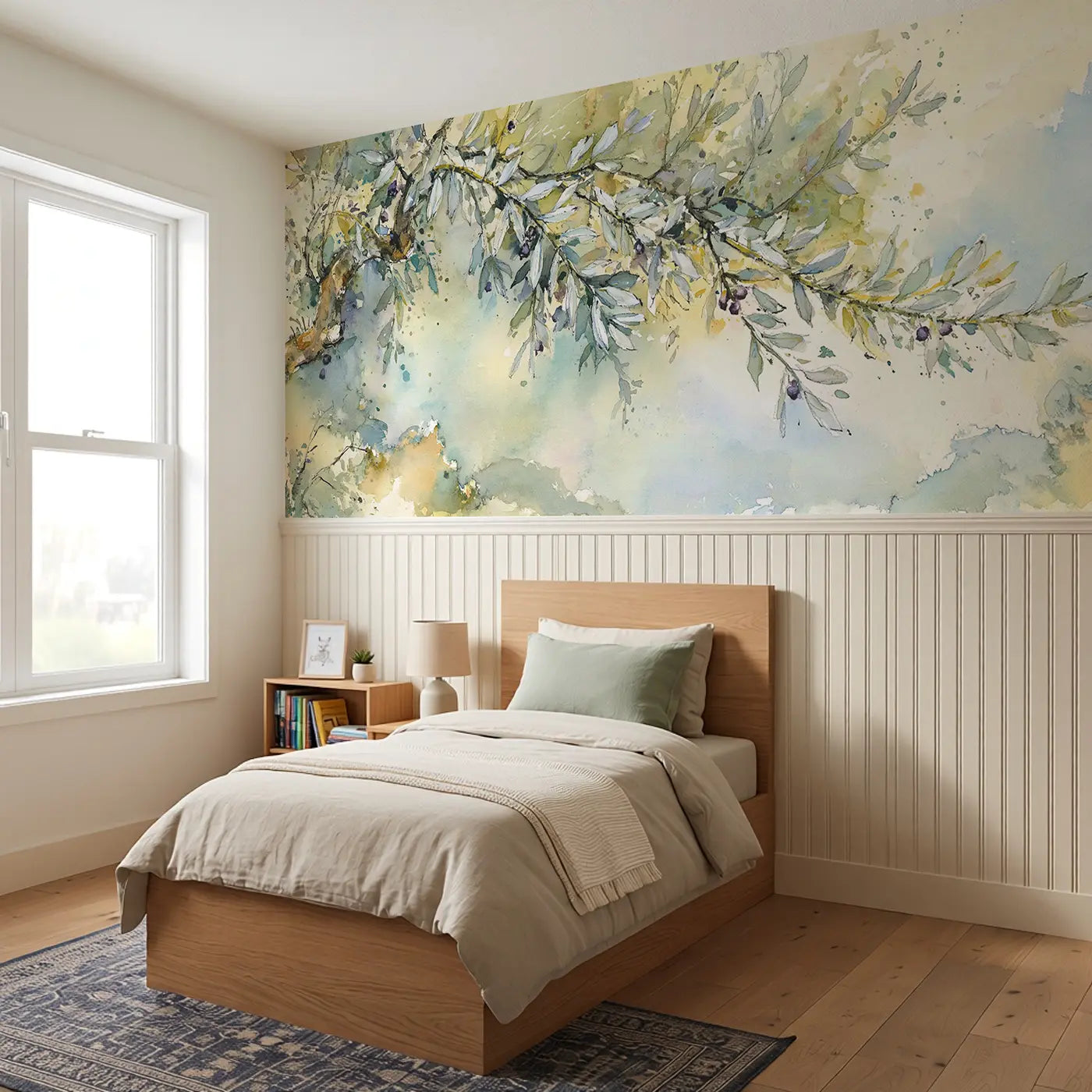 Olive Branch Mediterranean Wainscoting Wallpaper styled in a kids bedroom by Whimsy Tots