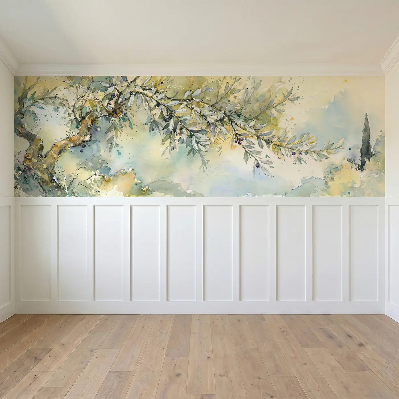 Full panel view of Olive Branch Mediterranean Wainscoting Wallpaper by Whimsy Tots