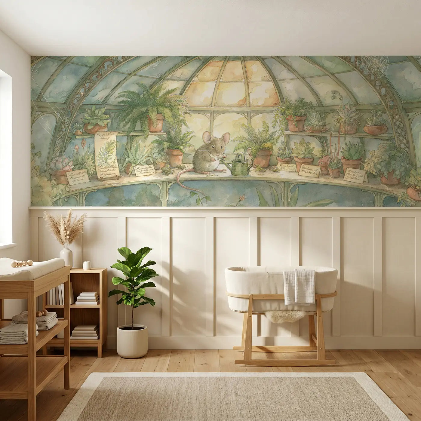 Storybook mouse greenhouse garden wainscoting wallpaper for nursery by Whimsy Tots