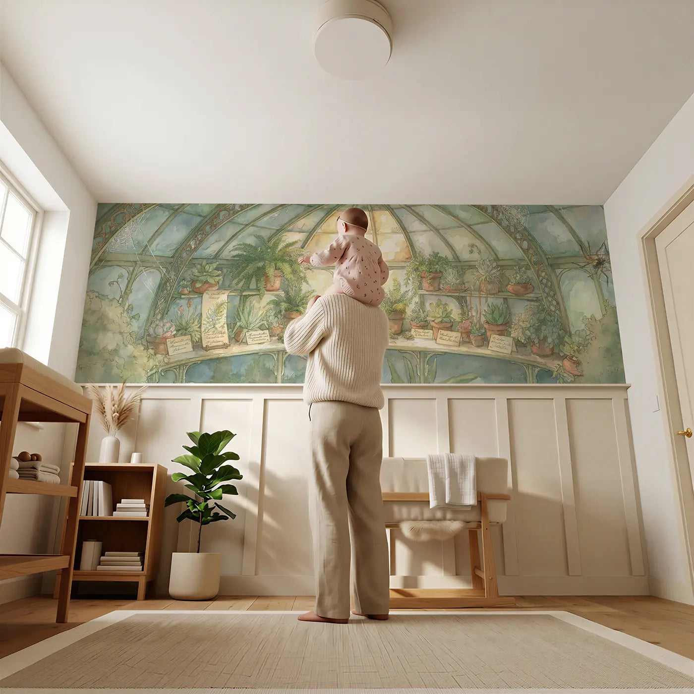Child reading near Mouse Greenhouse Garden Wainscoting Wallpaper by Whimsy Tots