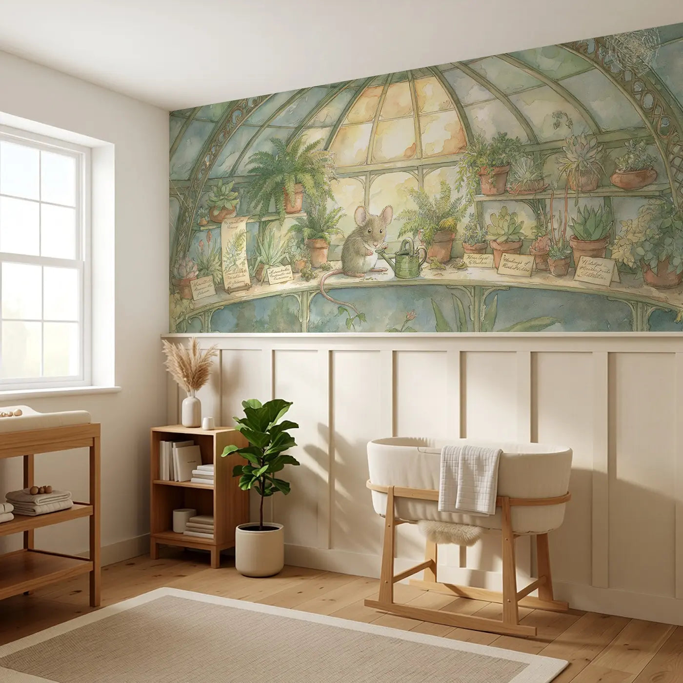 Mouse Greenhouse Garden Wainscoting Wallpaper styled in a kids bedroom by Whimsy Tots