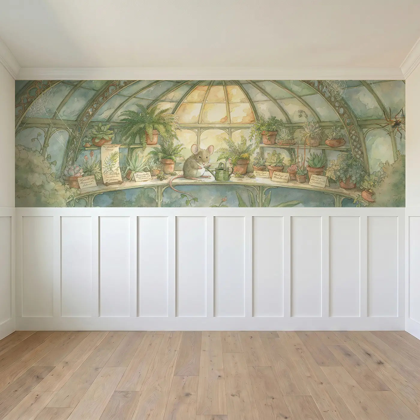 Full panel view of Mouse Greenhouse Garden Wainscoting Wallpaper by Whimsy Tots
