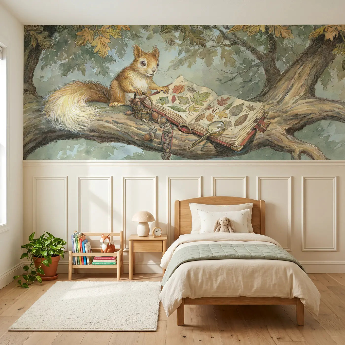 Storybook squirrel pressed leaf book wainscoting wallpaper for bedroom by Whimsy Tots