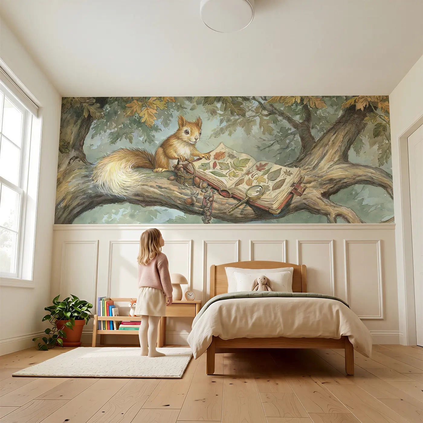 Child reading near Squirrel Pressed Leaf Book Wainscoting Wallpaper by Whimsy Tots