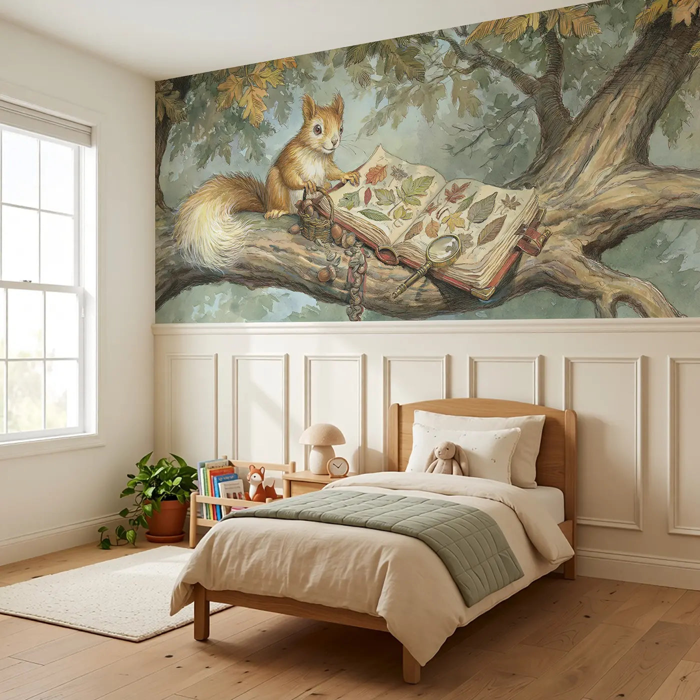 Squirrel Pressed Leaf Book Wainscoting Wallpaper styled in a kids bedroom by Whimsy Tots