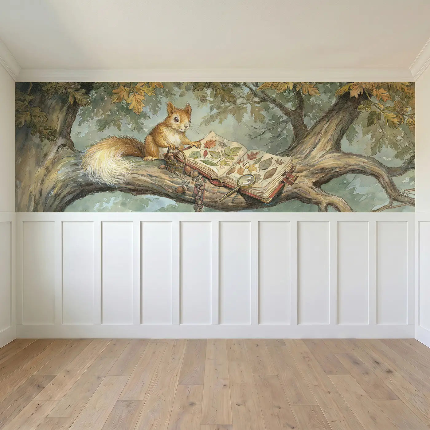 Full panel view of Squirrel Pressed Leaf Book Wainscoting Wallpaper by Whimsy Tots