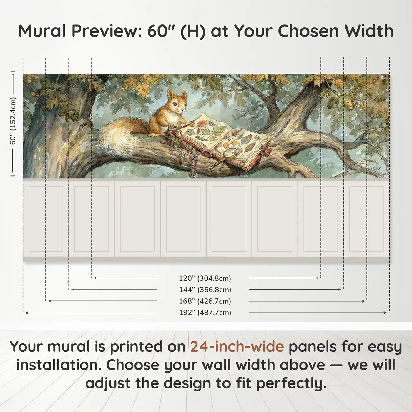 Panel dimensions for Squirrel Pressed Leaf Book Wainscoting Wallpaper by Whimsy Tots