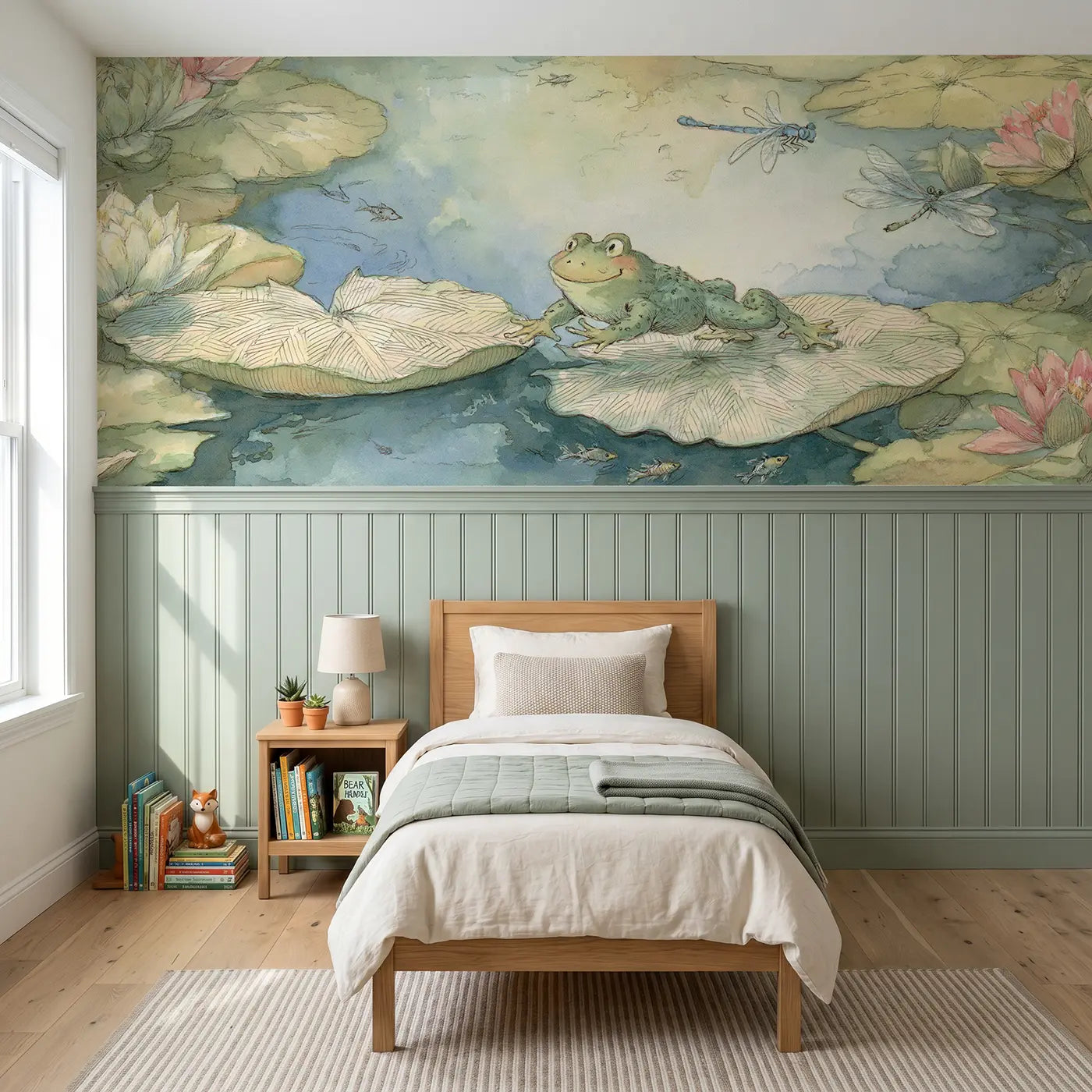 Storybook frog lily pad garden hop wainscoting wallpaper for nursery by Whimsy Tots