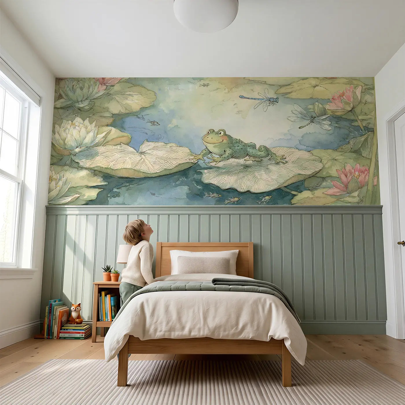 Child reading near Frog Lily Pad Garden Hop Wainscoting Wallpaper by Whimsy Tots