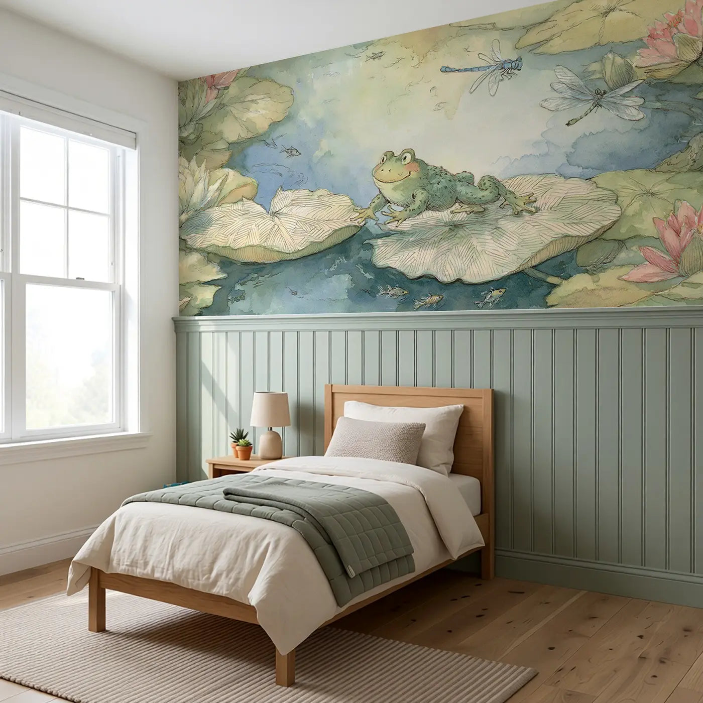 Frog Lily Pad Garden Hop Wainscoting Wallpaper styled in a kids bedroom by Whimsy Tots