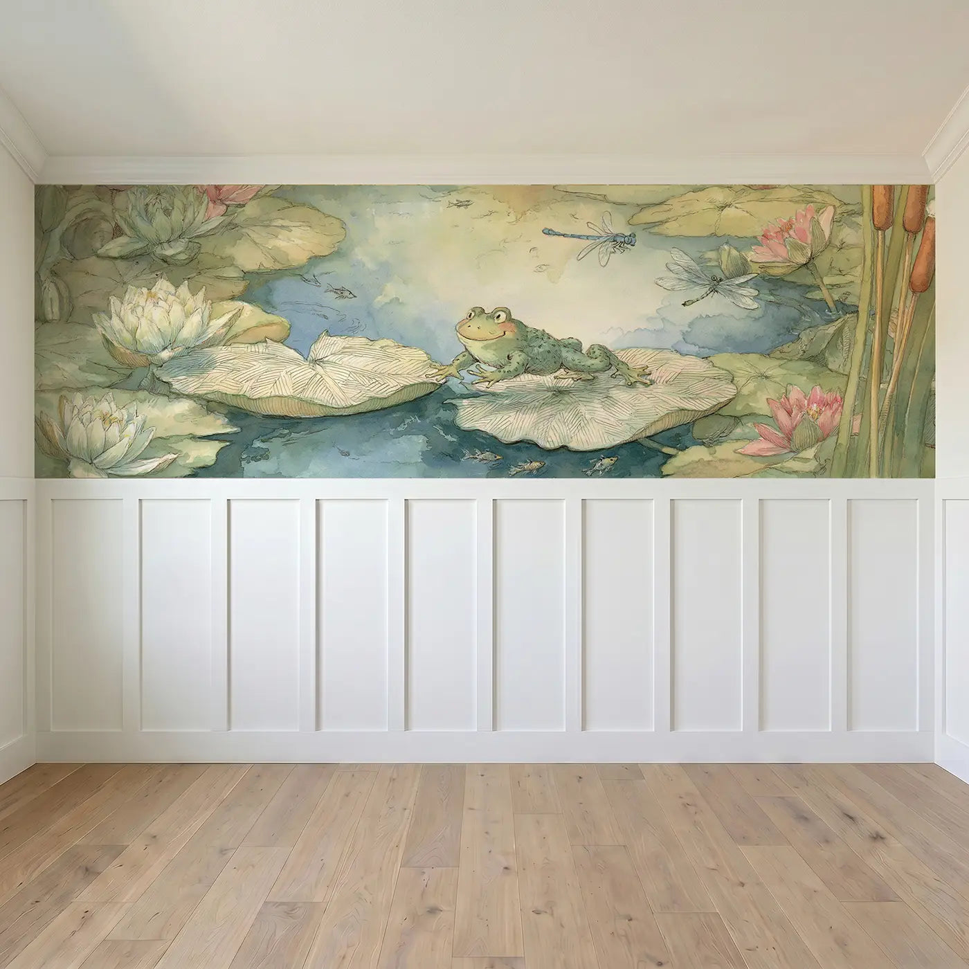 Full panel view of Frog Lily Pad Garden Hop Wainscoting Wallpaper by Whimsy Tots