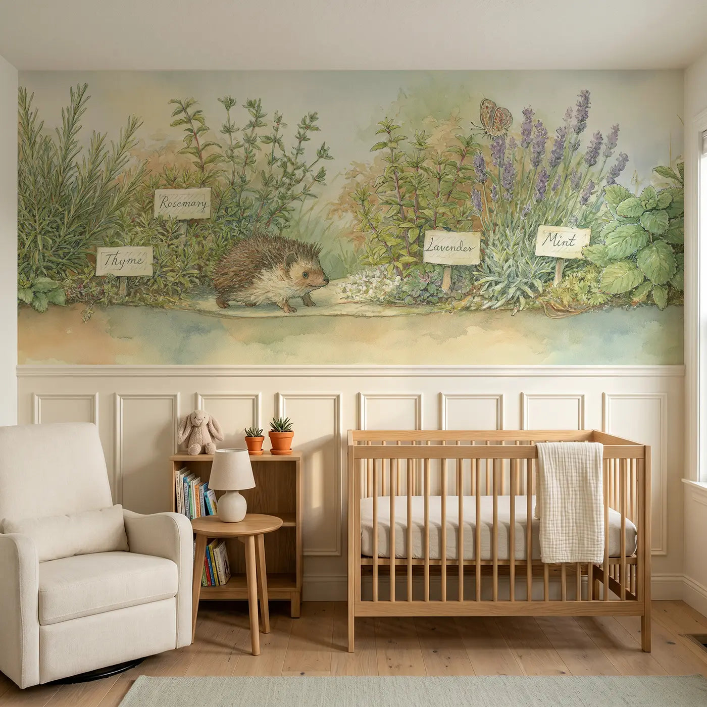Storybook hedgehog herb garden path wainscoting wallpaper for nursery by Whimsy Tots
