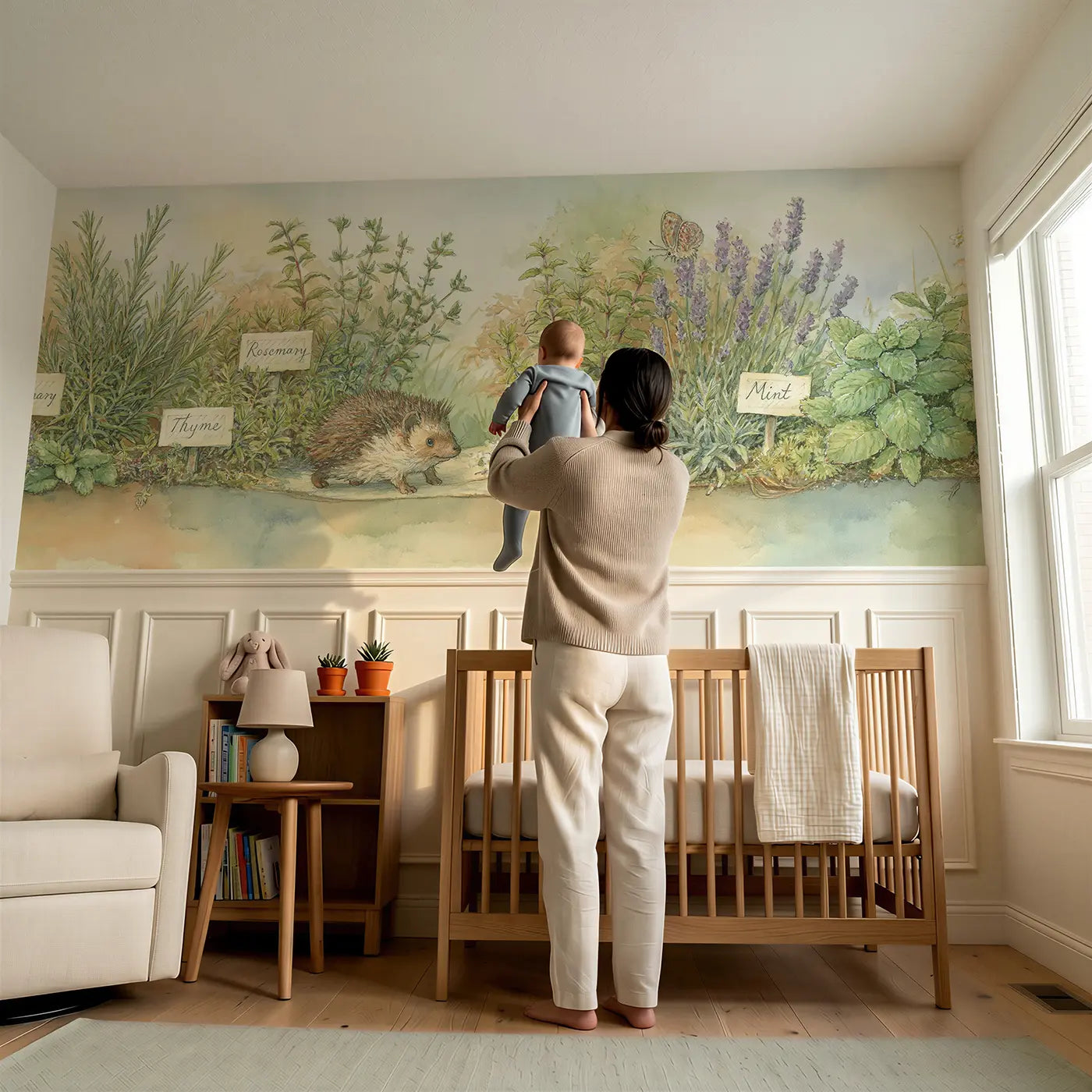 Child reading near Hedgehog Herb Garden Path Wainscoting Wallpaper by Whimsy Tots
