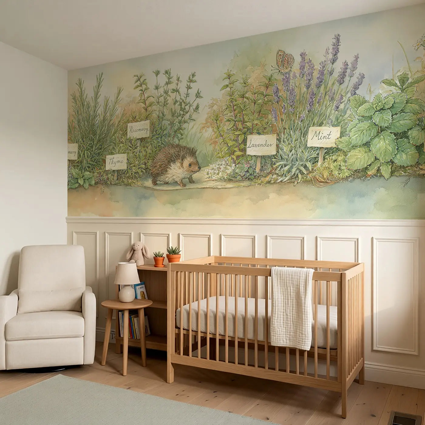 Hedgehog Herb Garden Path Wainscoting Wallpaper styled in a kids bedroom by Whimsy Tots