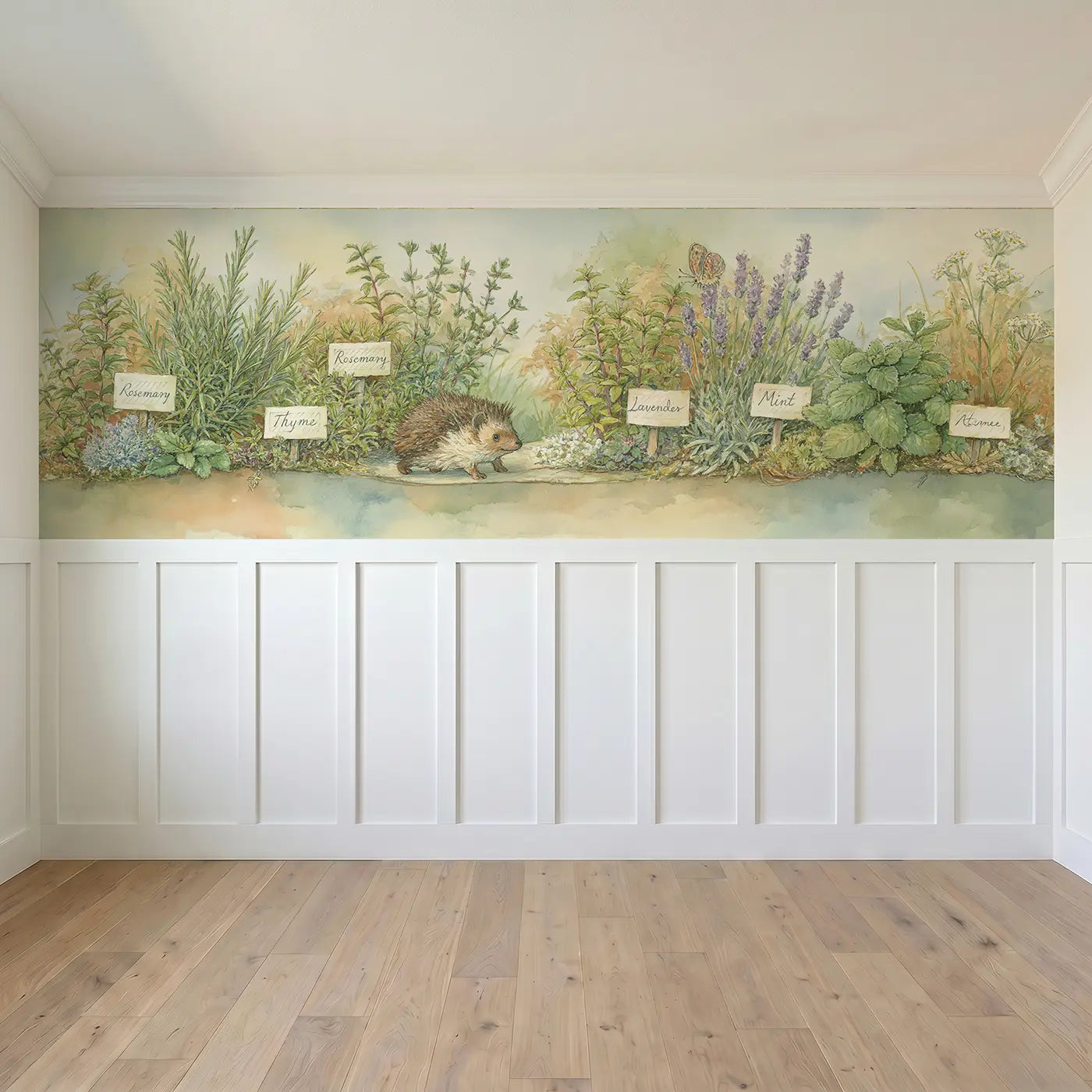 Full panel view of Hedgehog Herb Garden Path Wainscoting Wallpaper by Whimsy Tots