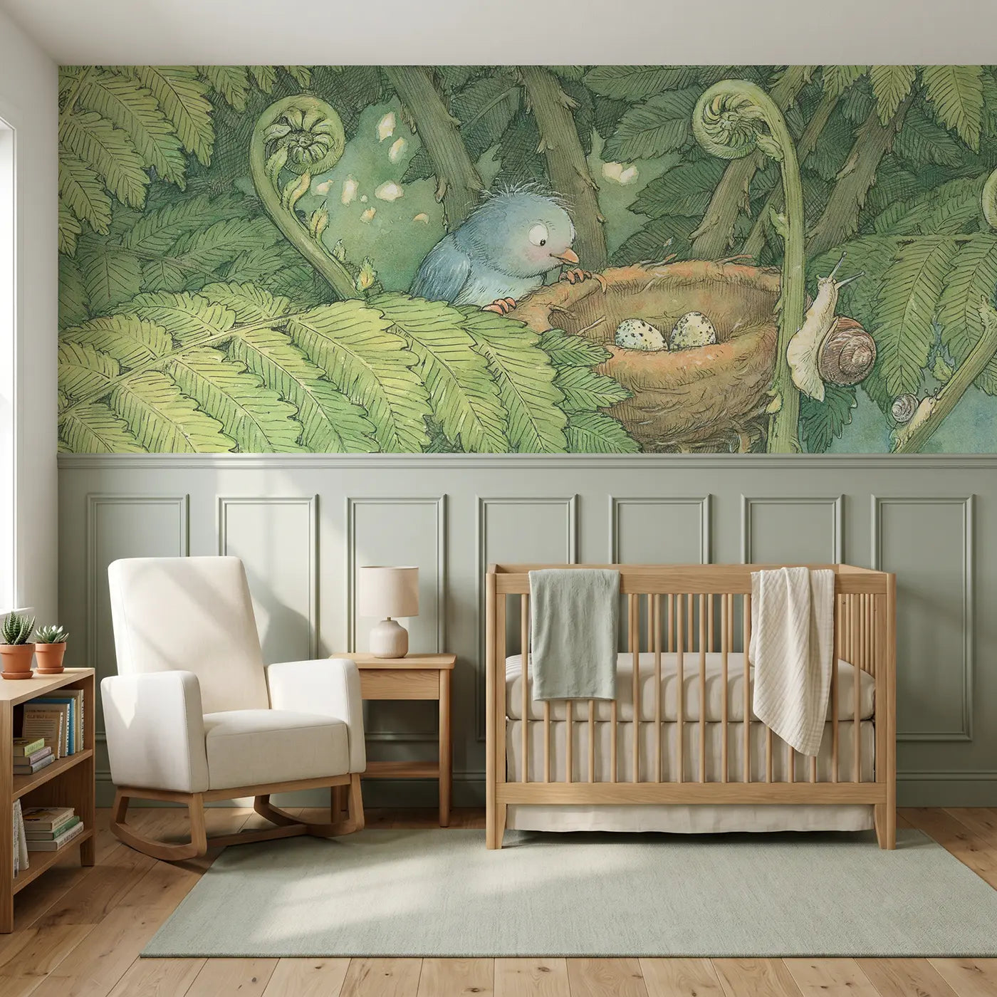 Storybook bird nest fern canopy wainscoting wallpaper for nursery by Whimsy Tots