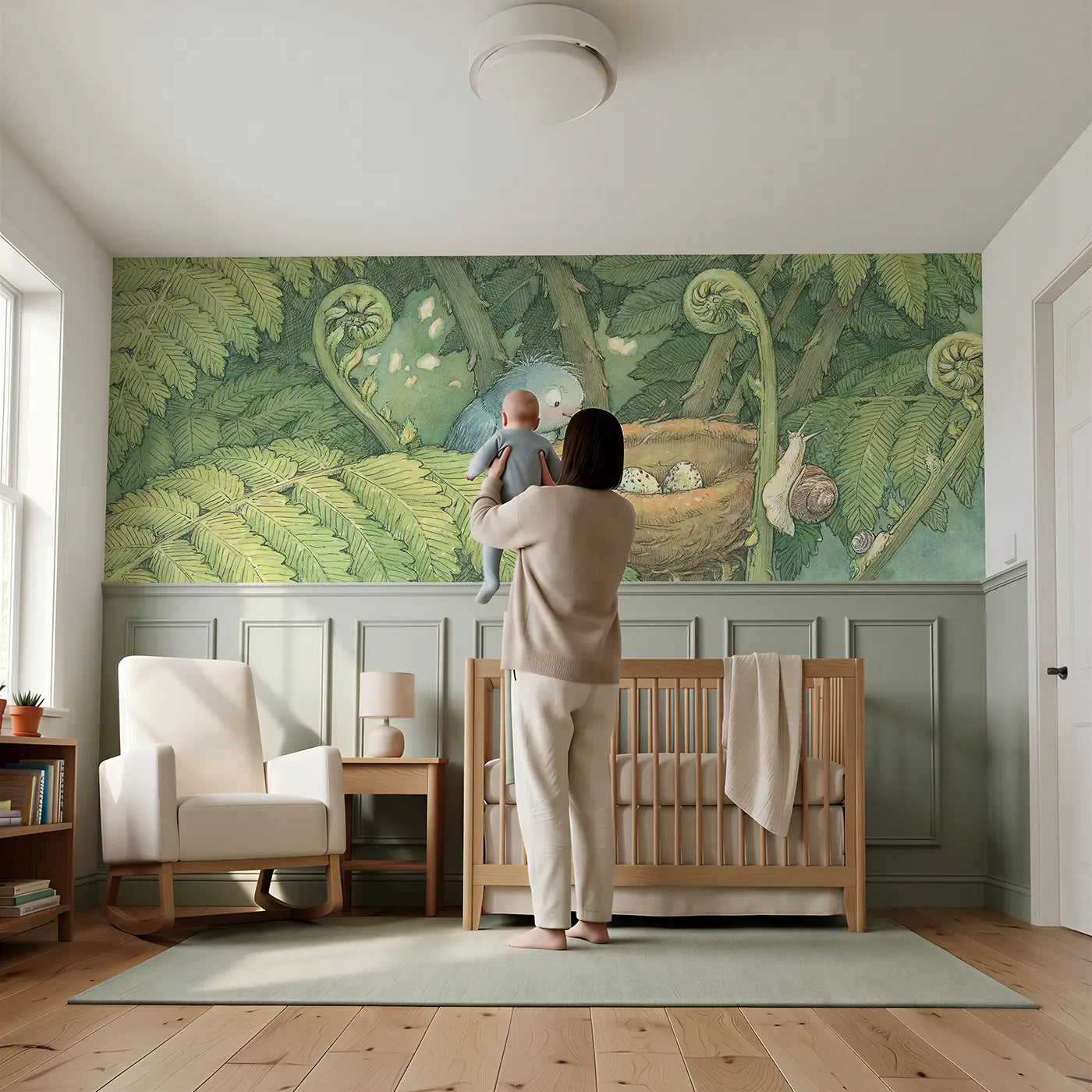 Child reading near Bird Nest Fern Canopy Wainscoting Wallpaper by Whimsy Tots