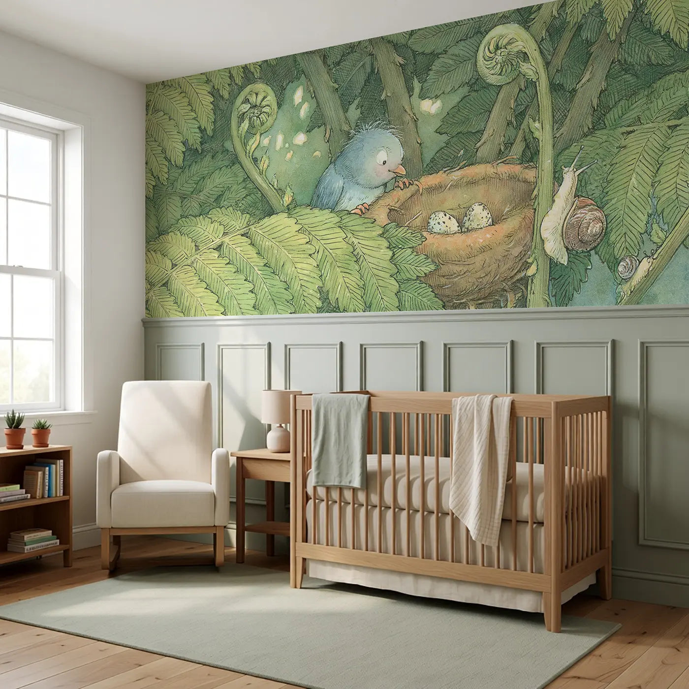Bird Nest Fern Canopy Wainscoting Wallpaper styled in a kids bedroom by Whimsy Tots