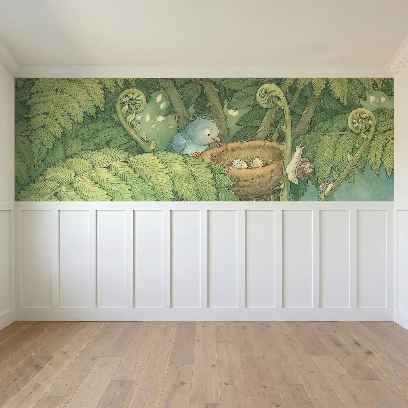 Full panel view of Bird Nest Fern Canopy Wainscoting Wallpaper by Whimsy Tots