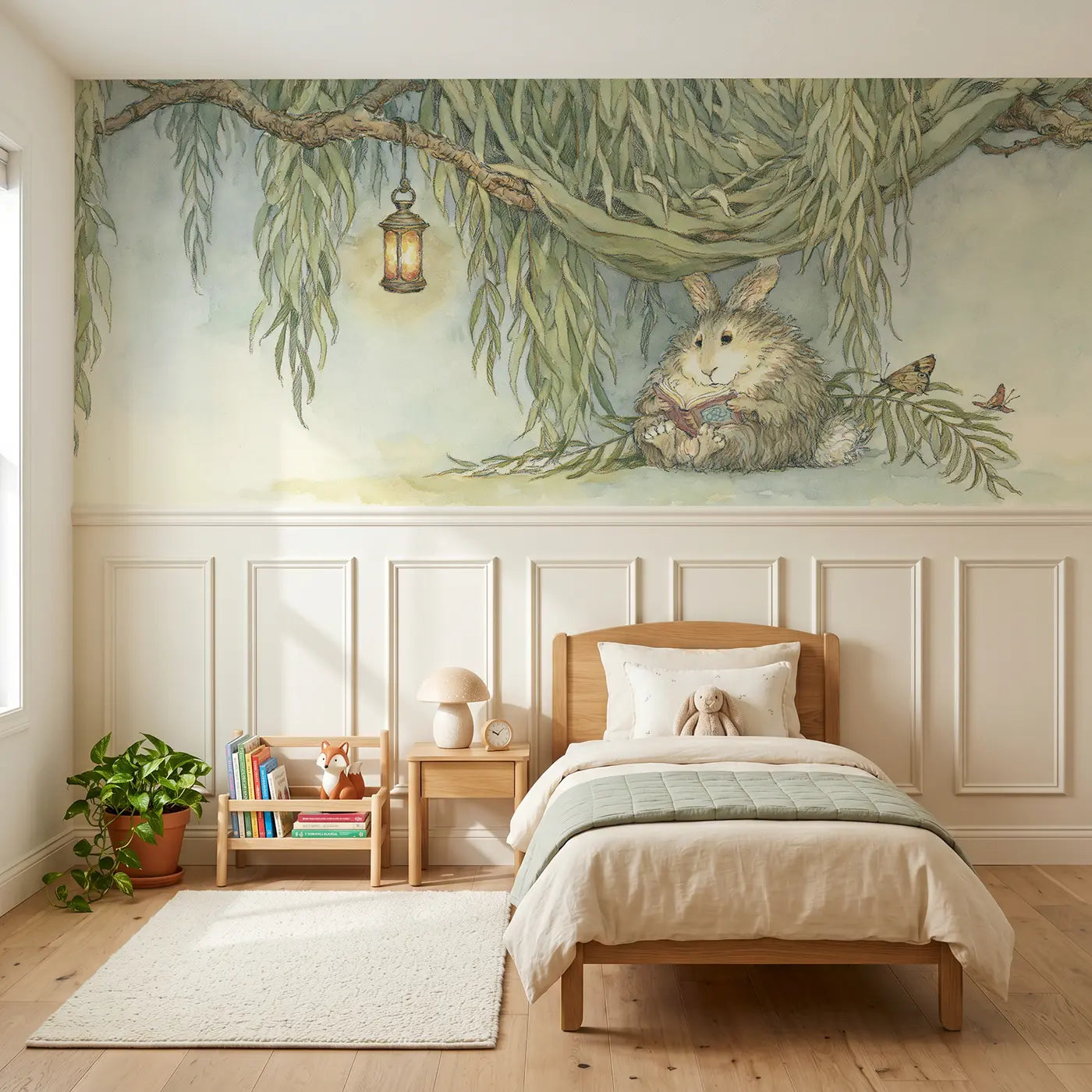Storybook rabbit willow reading spot wainscoting wallpaper for nursery by Whimsy Tots