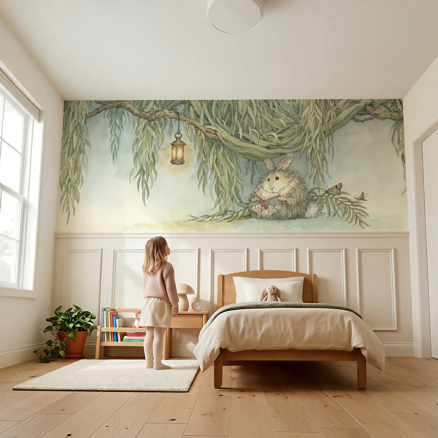 Child reading near Rabbit Willow Reading Spot Wainscoting Wallpaper by Whimsy Tots