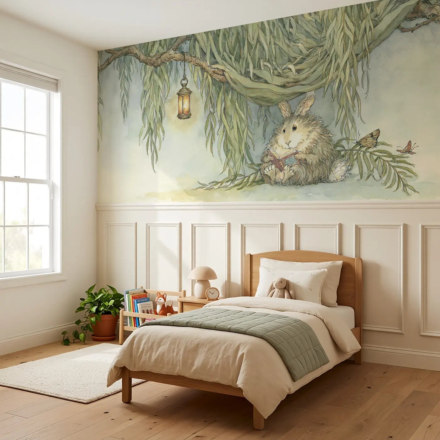 Rabbit Willow Reading Spot Wainscoting Wallpaper styled in a kids bedroom by Whimsy Tots