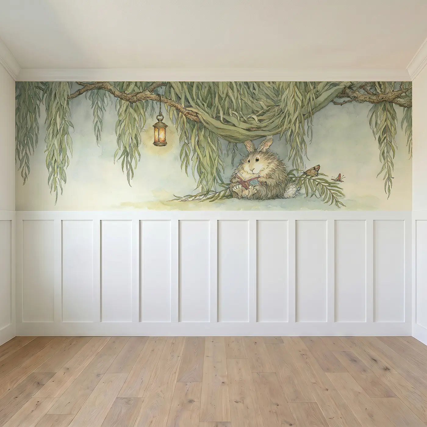 Full panel view of Rabbit Willow Reading Spot Wainscoting Wallpaper by Whimsy Tots