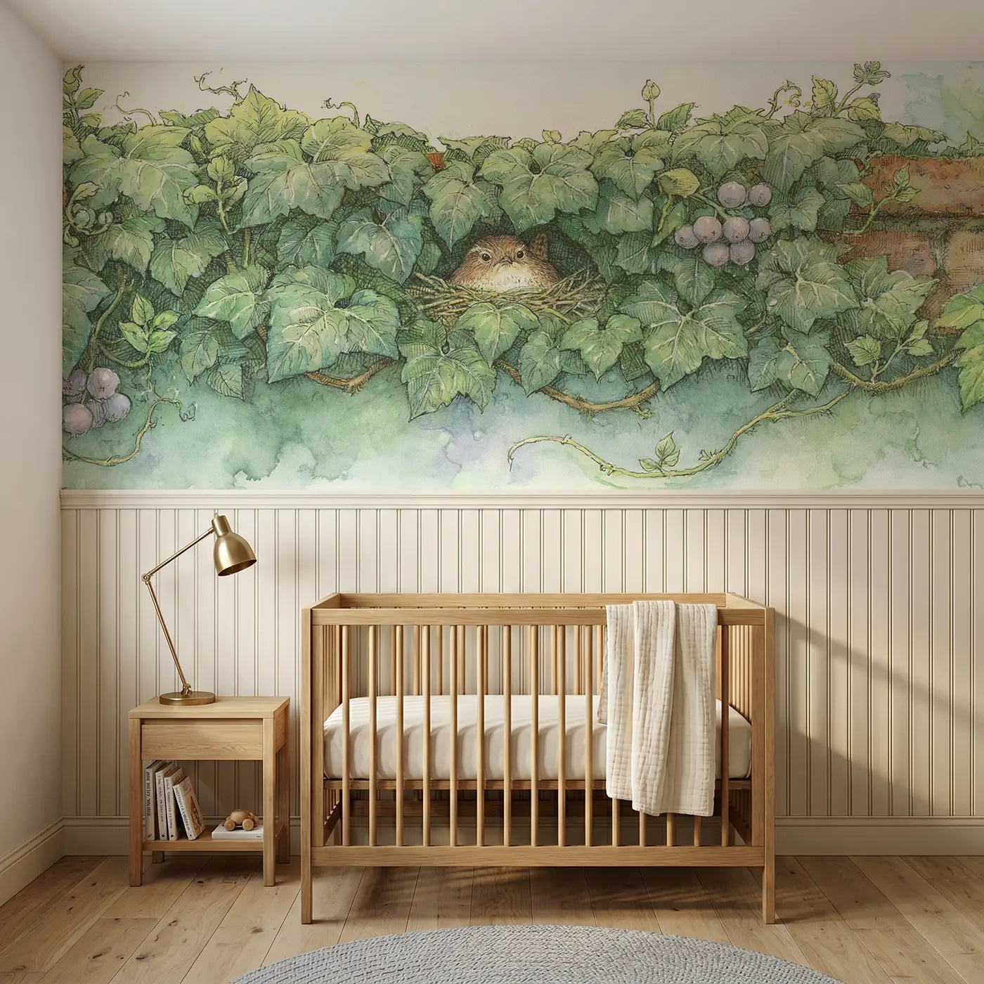 Storybook wren ivy wall nest wainscoting wallpaper for nursery by Whimsy Tots