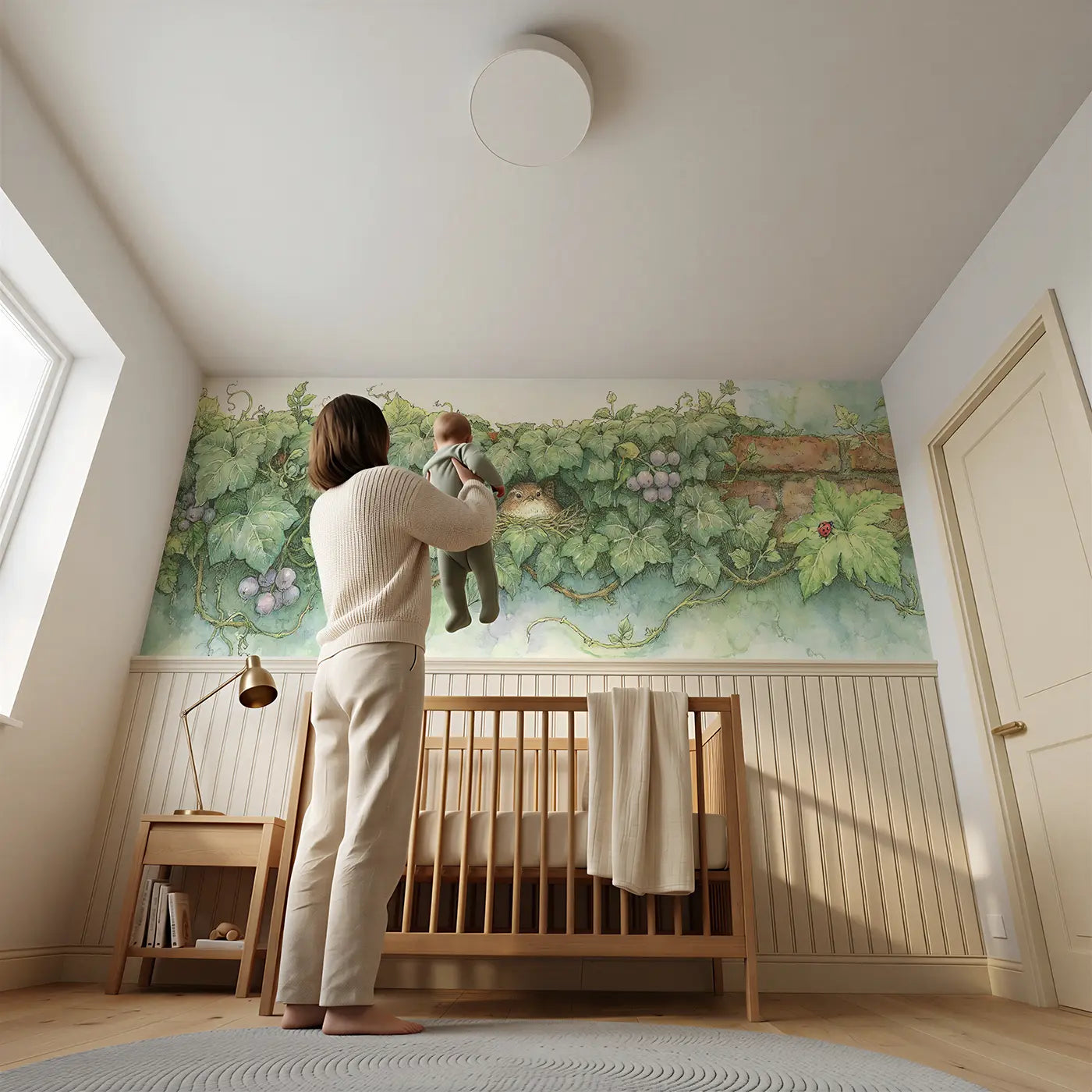 Child reading near Wren Ivy Wall Nest Wainscoting Wallpaper by Whimsy Tots