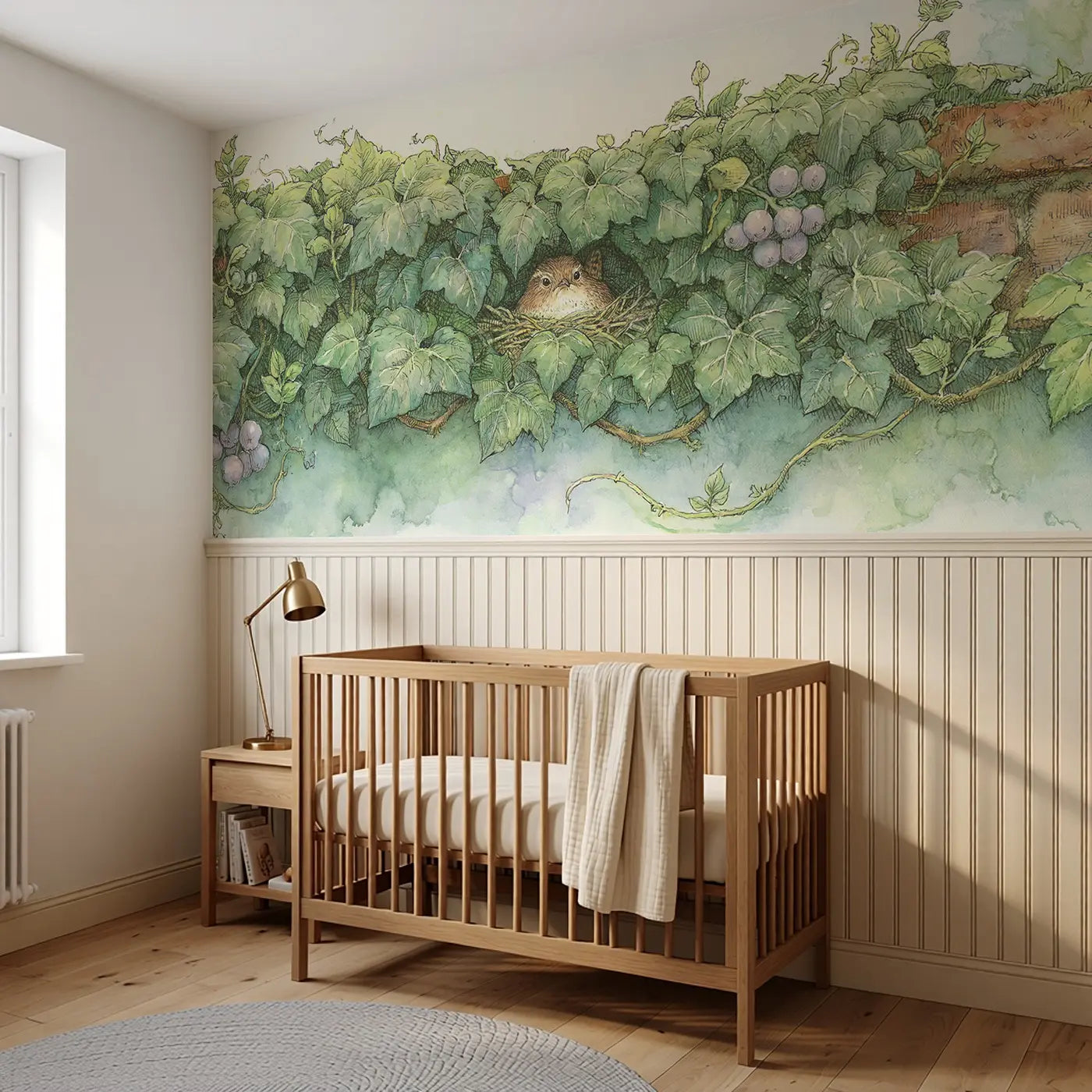 Wren Ivy Wall Nest Wainscoting Wallpaper styled in a kids bedroom by Whimsy Tots