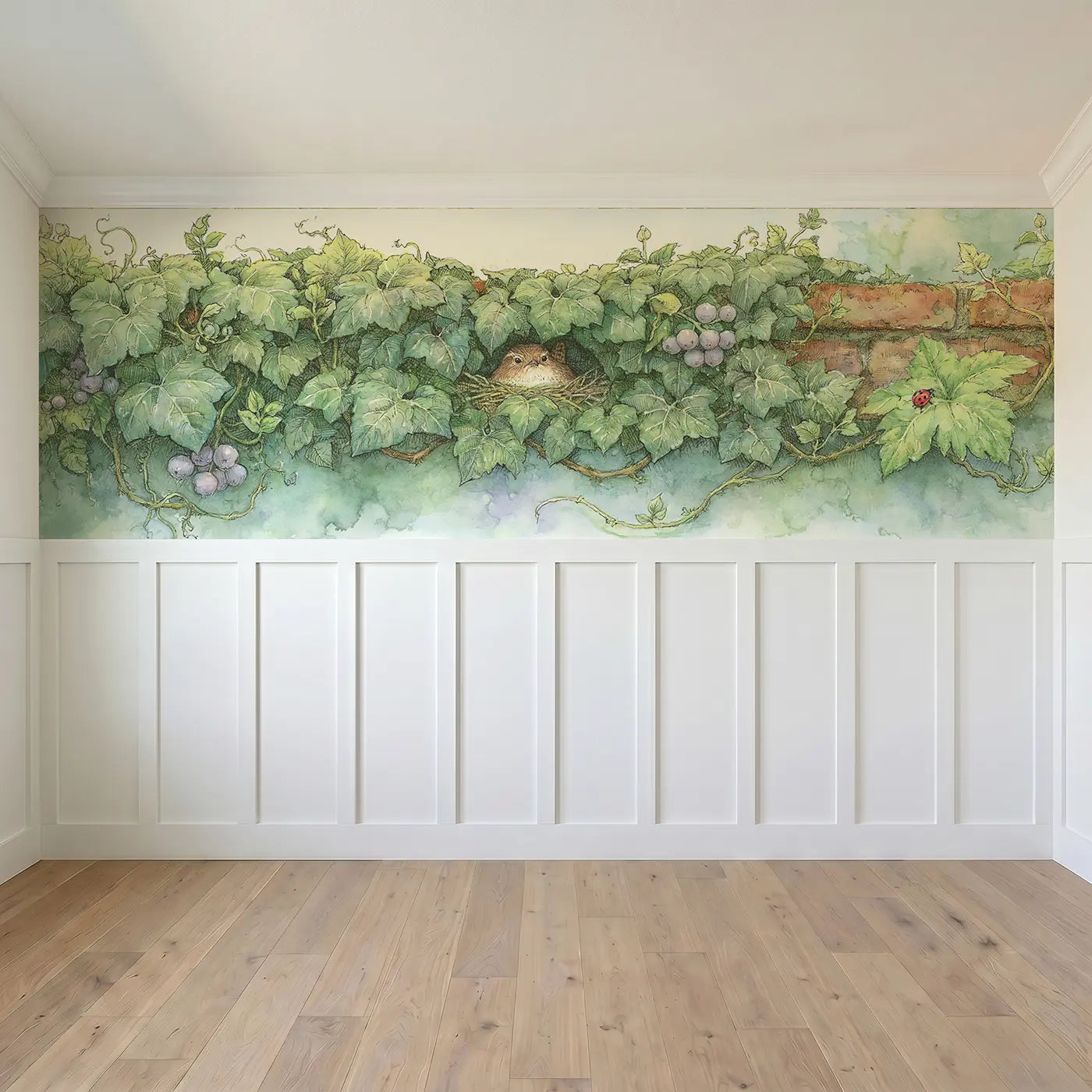Full panel view of Wren Ivy Wall Nest Wainscoting Wallpaper by Whimsy Tots