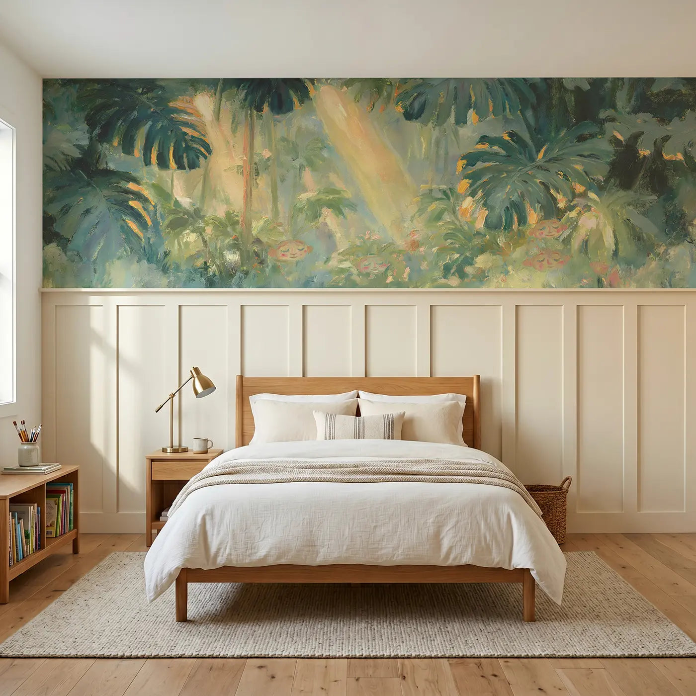 Painted Landscape tropical canopy light shaft wainscoting wallpaper for bedroom by Whimsy Tots