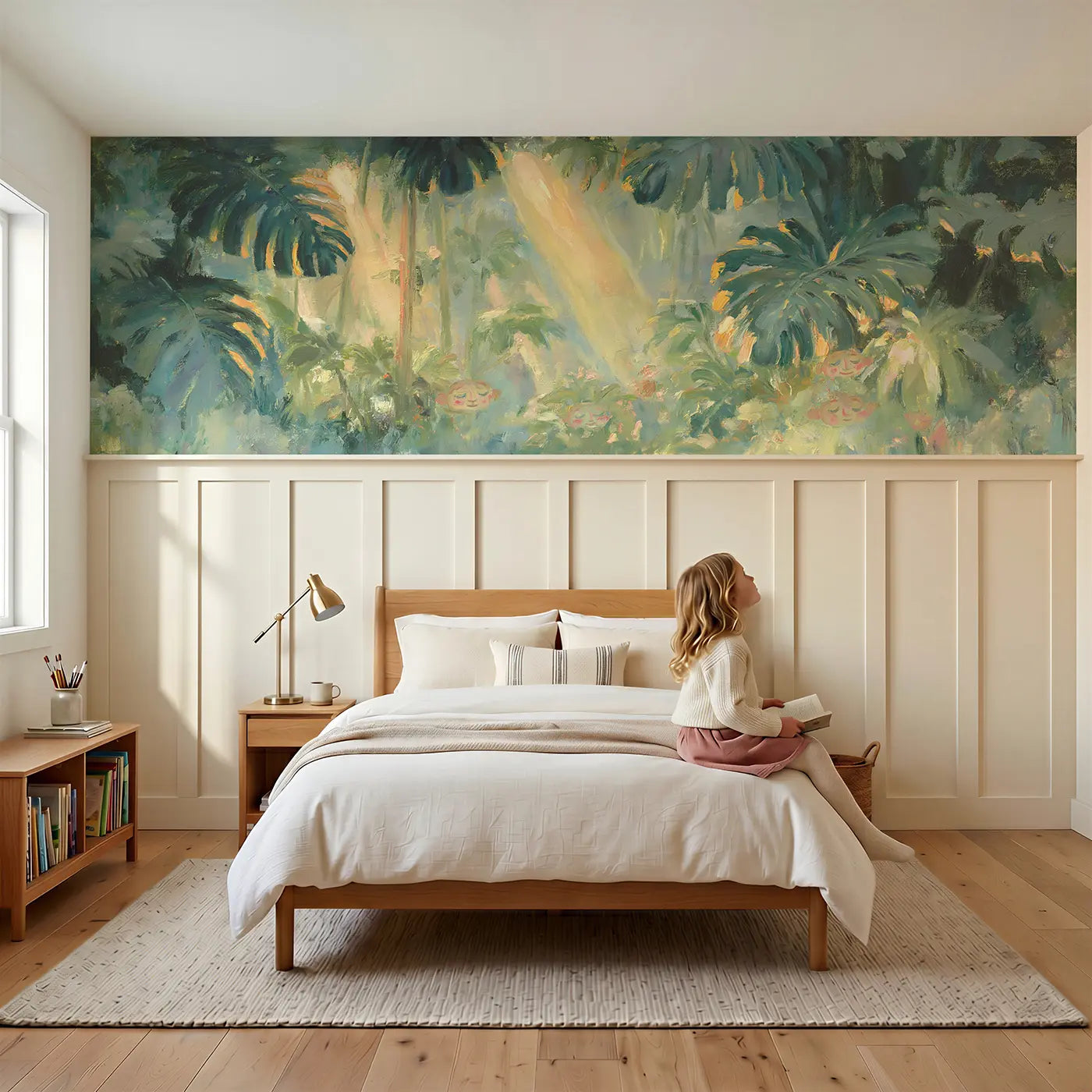 Child reading near Tropical Canopy Light Shaft Wainscoting Wallpaper by Whimsy Tots