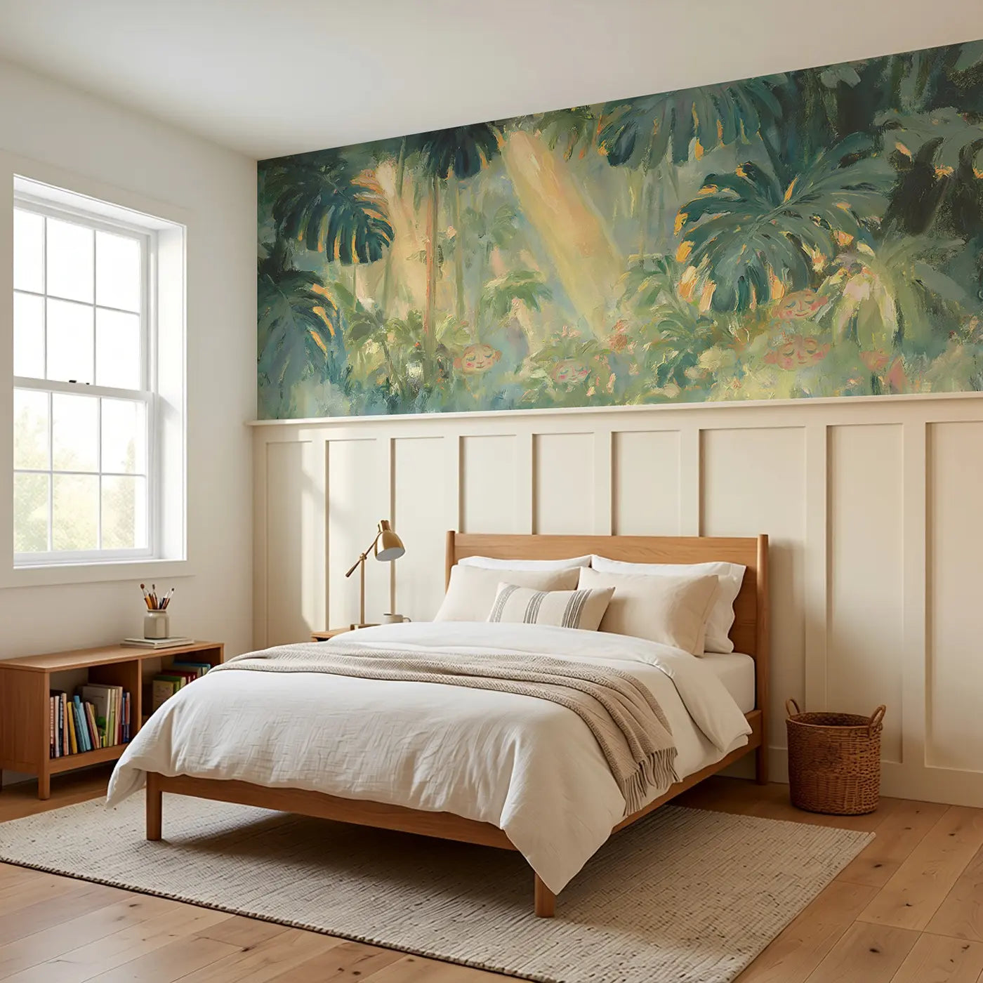 Tropical Canopy Light Shaft Wainscoting Wallpaper styled in a kids bedroom by Whimsy Tots
