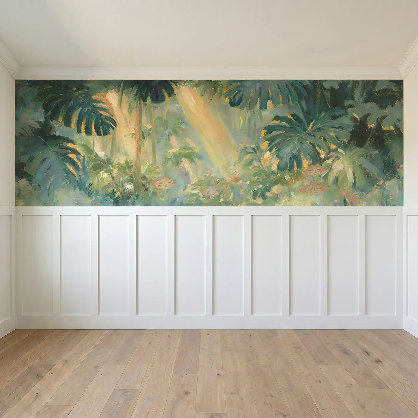 Full panel view of Tropical Canopy Light Shaft Wainscoting Wallpaper by Whimsy Tots