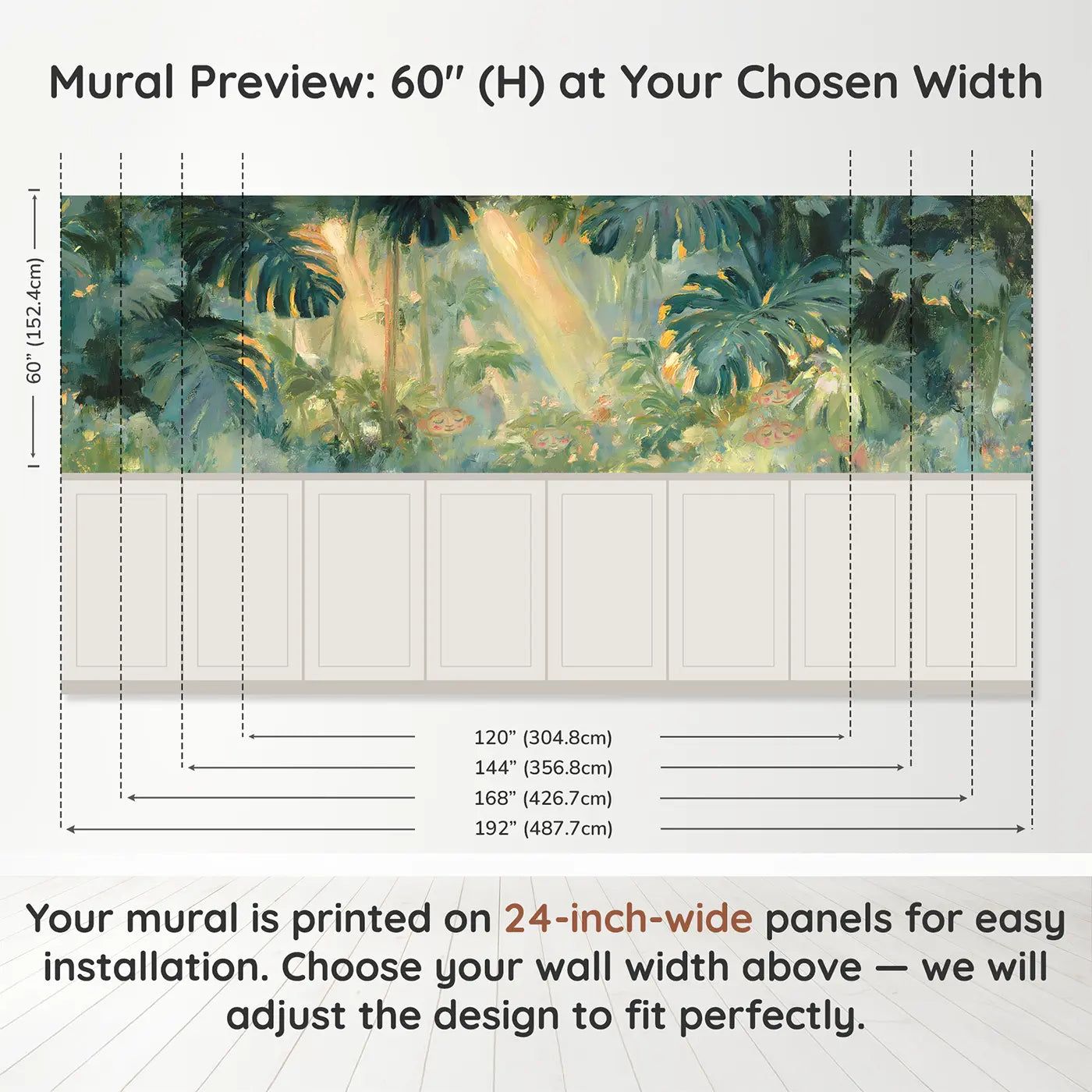 Panel dimensions for Tropical Canopy Light Shaft Wainscoting Wallpaper by Whimsy Tots