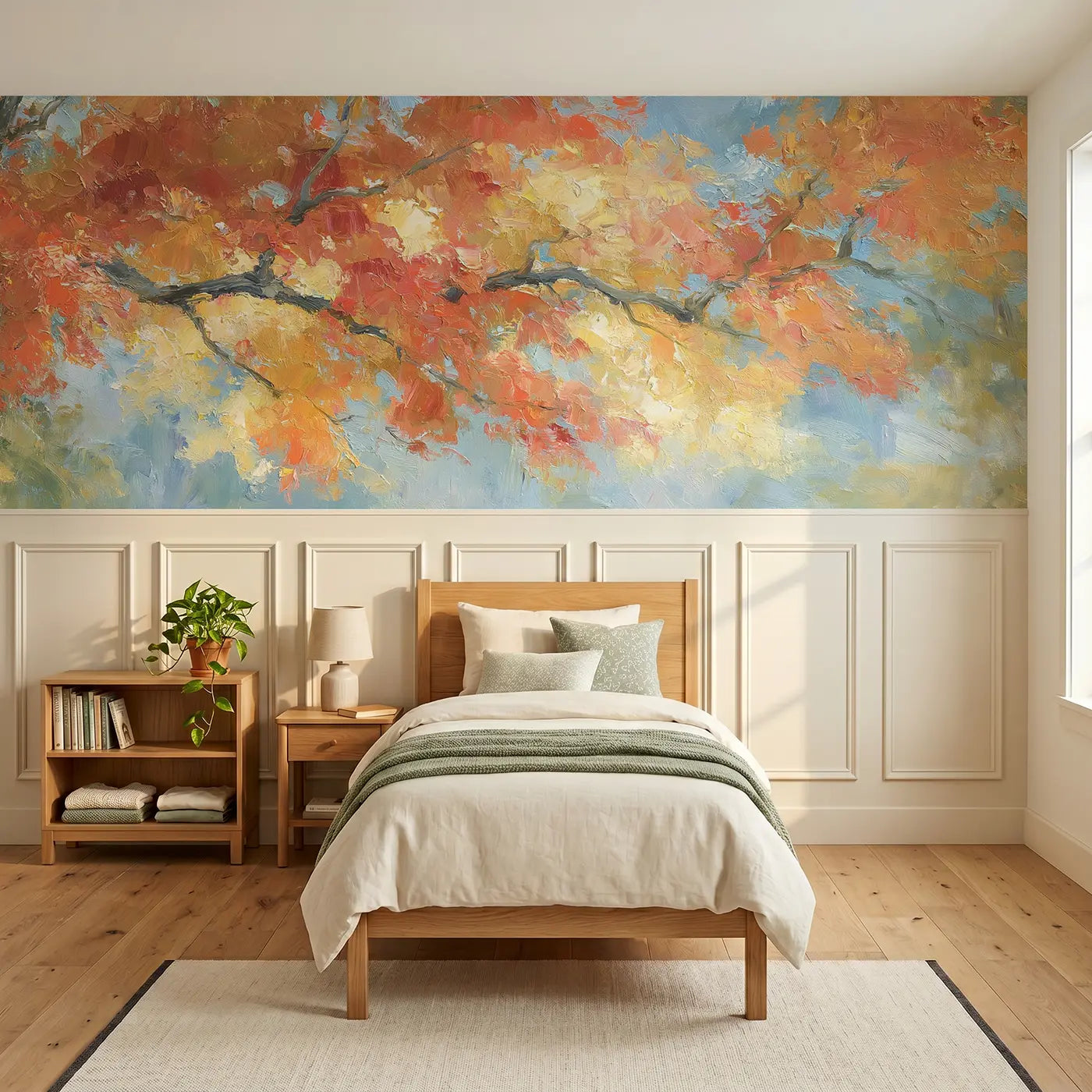 Painted Landscape autumn canopy golden fall wainscoting wallpaper for bedroom by Whimsy Tots
