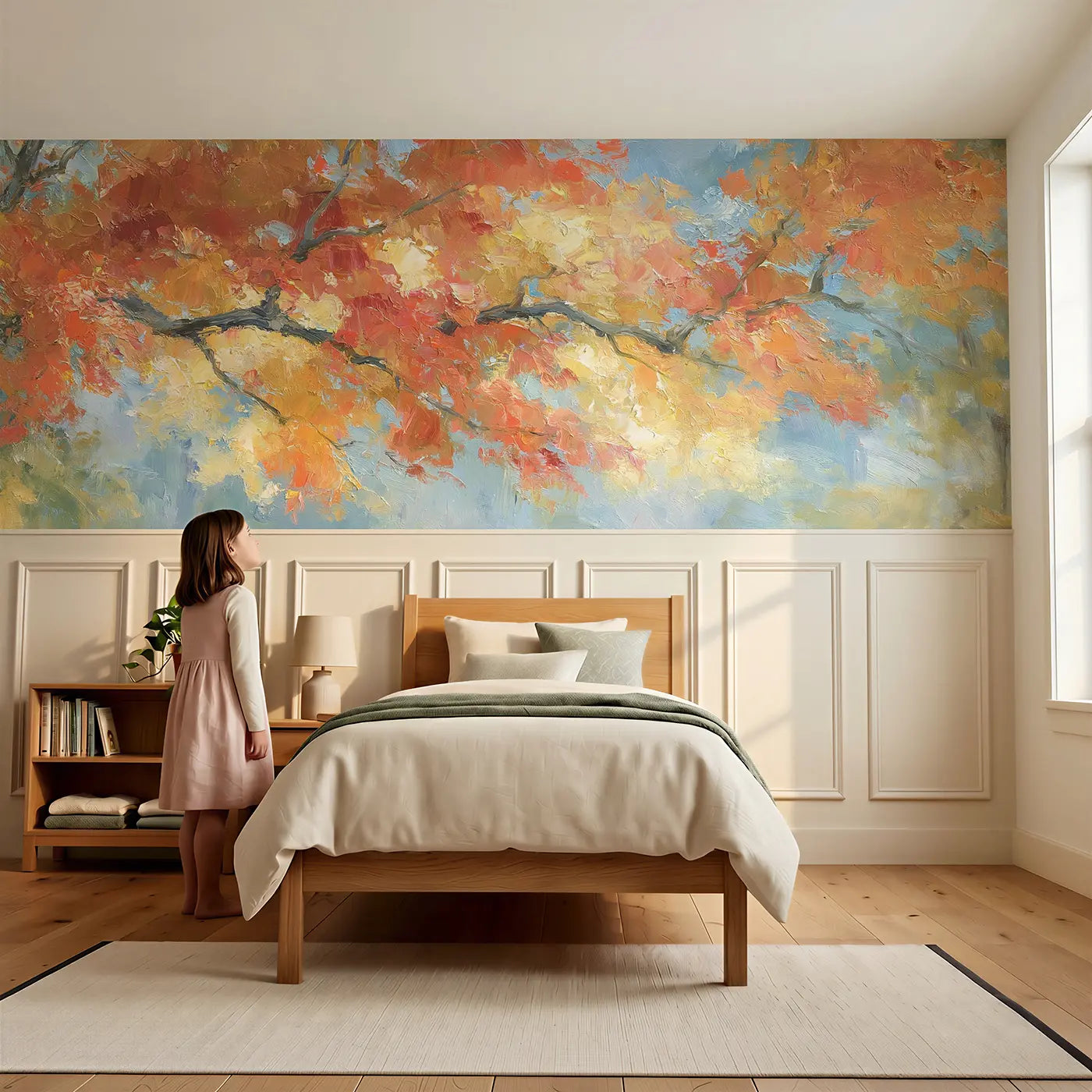 Child reading near Autumn Canopy Golden Fall Wainscoting Wallpaper by Whimsy Tots